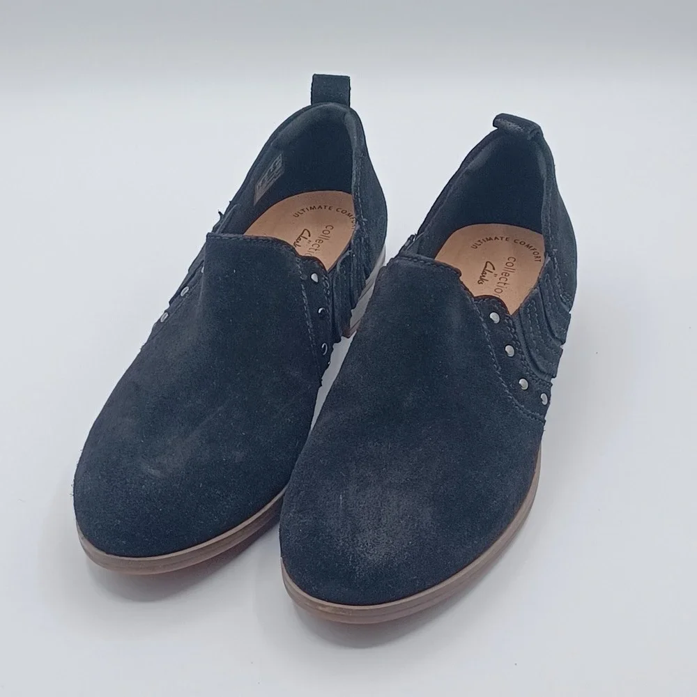 Clarks Collection Loafers Womens 9.5‎ Black Suede Studded Slip On Shoes NEW